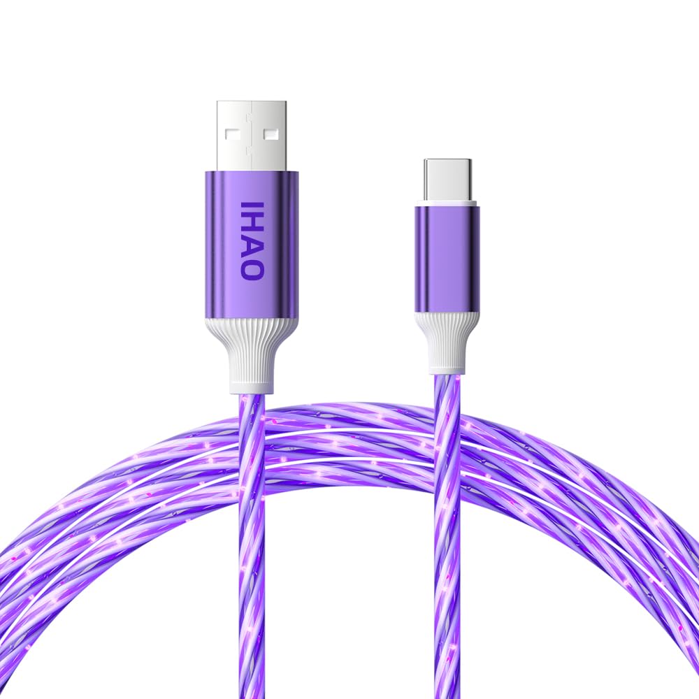 IHAO USB A to C Charger Cable PD Fast Charge and High Speed Sync Visible Starry LED Current Flowing Compatible with All USBC Device-Starry Purple A