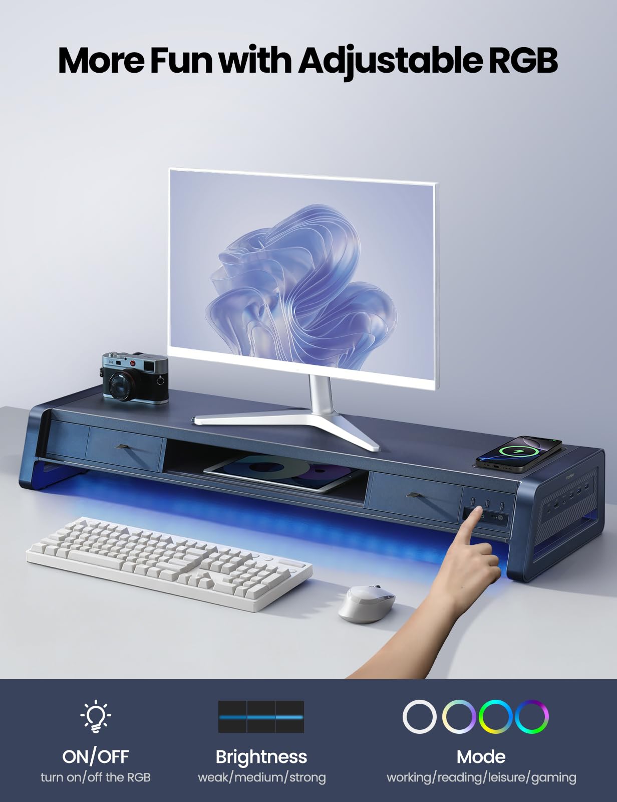 Vaydeer All-in-One Dual Monitor Stand Riser with 2 Drawers, 8USB Ports and Wireless Charging Pad with LED Light Strip for 2 Monitors , Desk Organizer