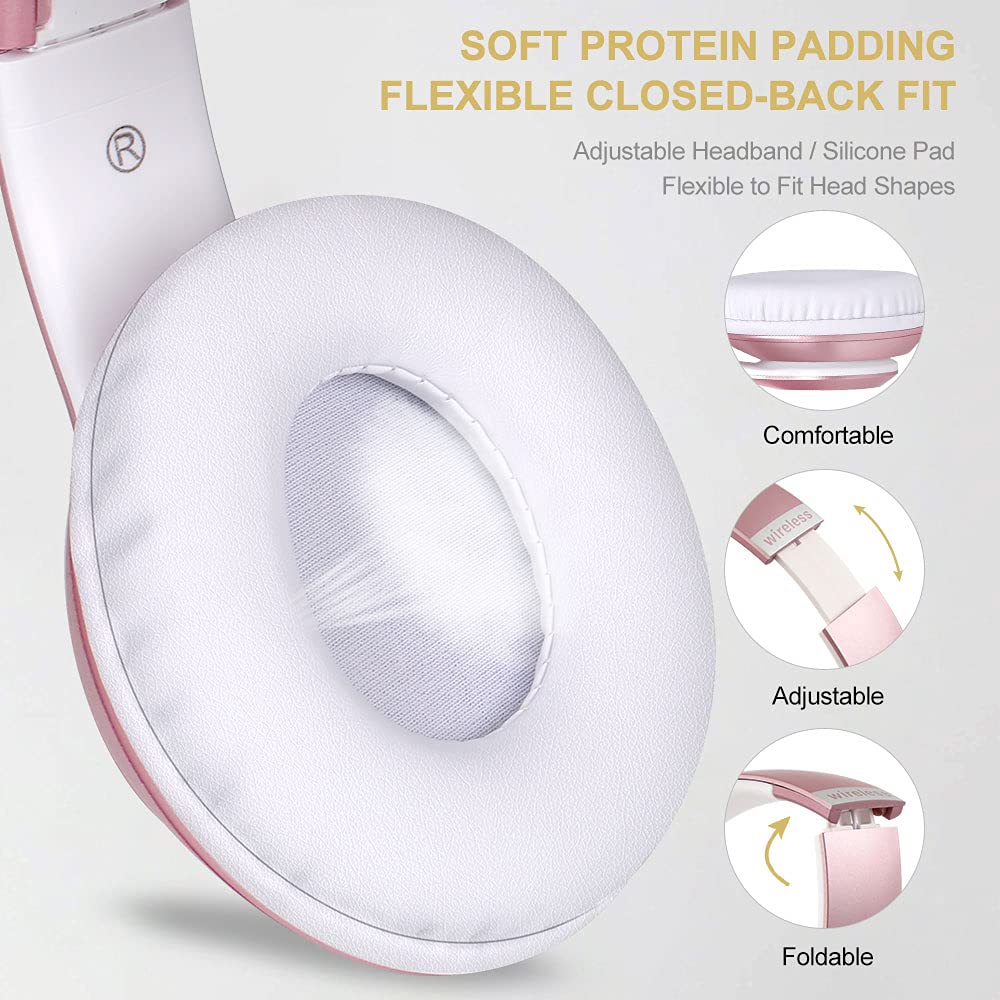 Prtukyt 9S Bluetooth Over-Ear Headphones, CVC 6.0 Noise Cancelling Mic, 60 Hrs Playtime, Hi-Fi Stereo Deep Bass, Foldable, Rose Gold