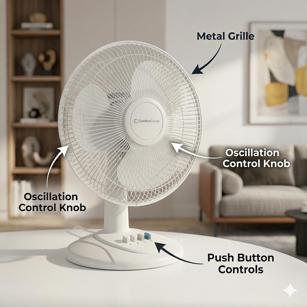 Comfort Zone Oscillating Table Fan with Adjustable Tilt, Convenient Push Button Controls, Quiet, 16 inch, 3 Speed, Desk Fan, Airflow 15.75 ft/sec