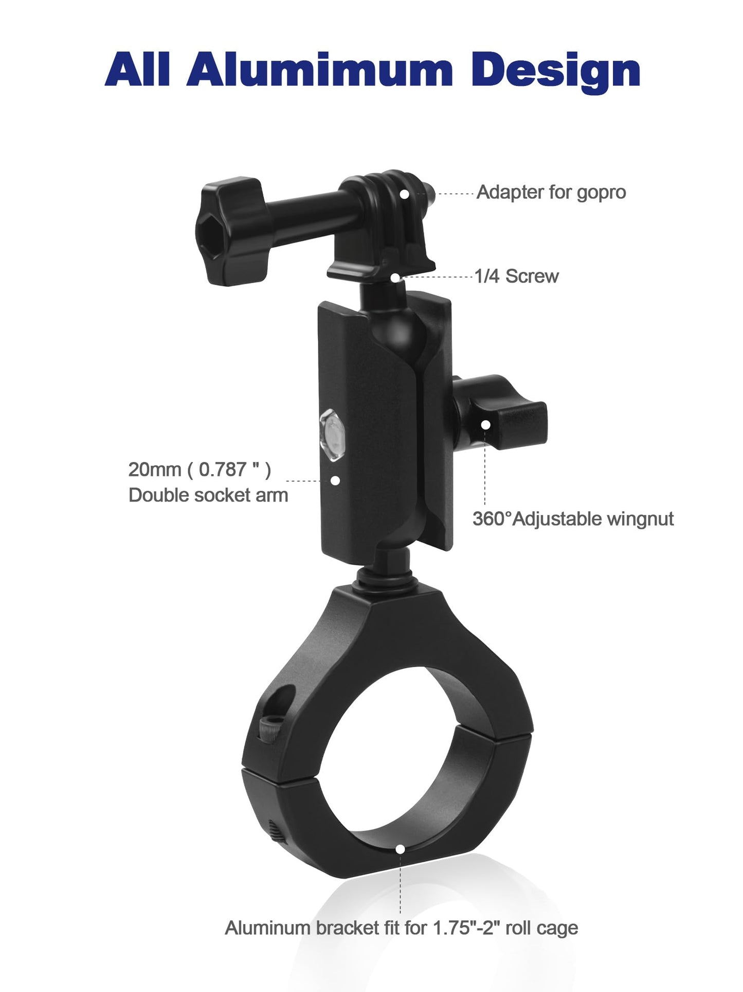UTV Camera Mount for 1.75"-2" Roll Cage Mount - Compatible with GoPro, Mevo Start & More - Easy to Install Action Camera Accessories on Polaris RZR