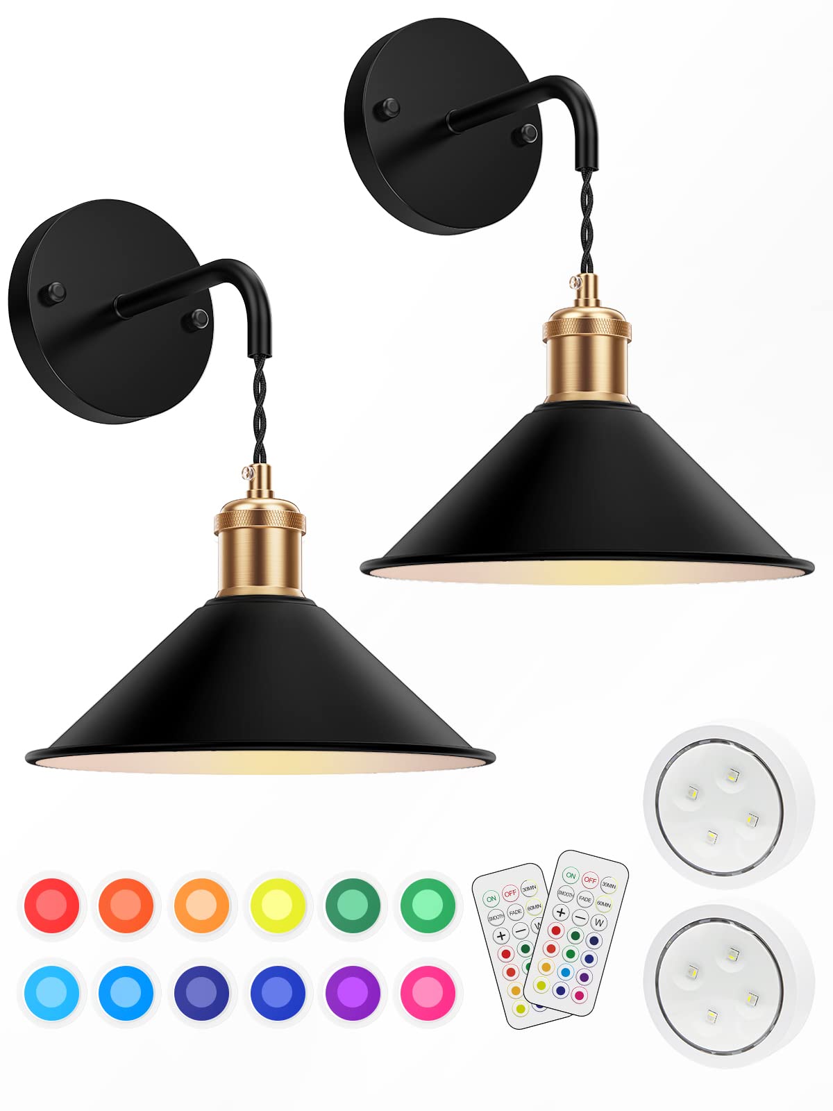 Tivkight Battery Operated Wall Sconce, Wireless Wall Lights Set of 2, 13 RGB Colors Dimmable Battery Powered Wall Lamp with Remote Memory Function