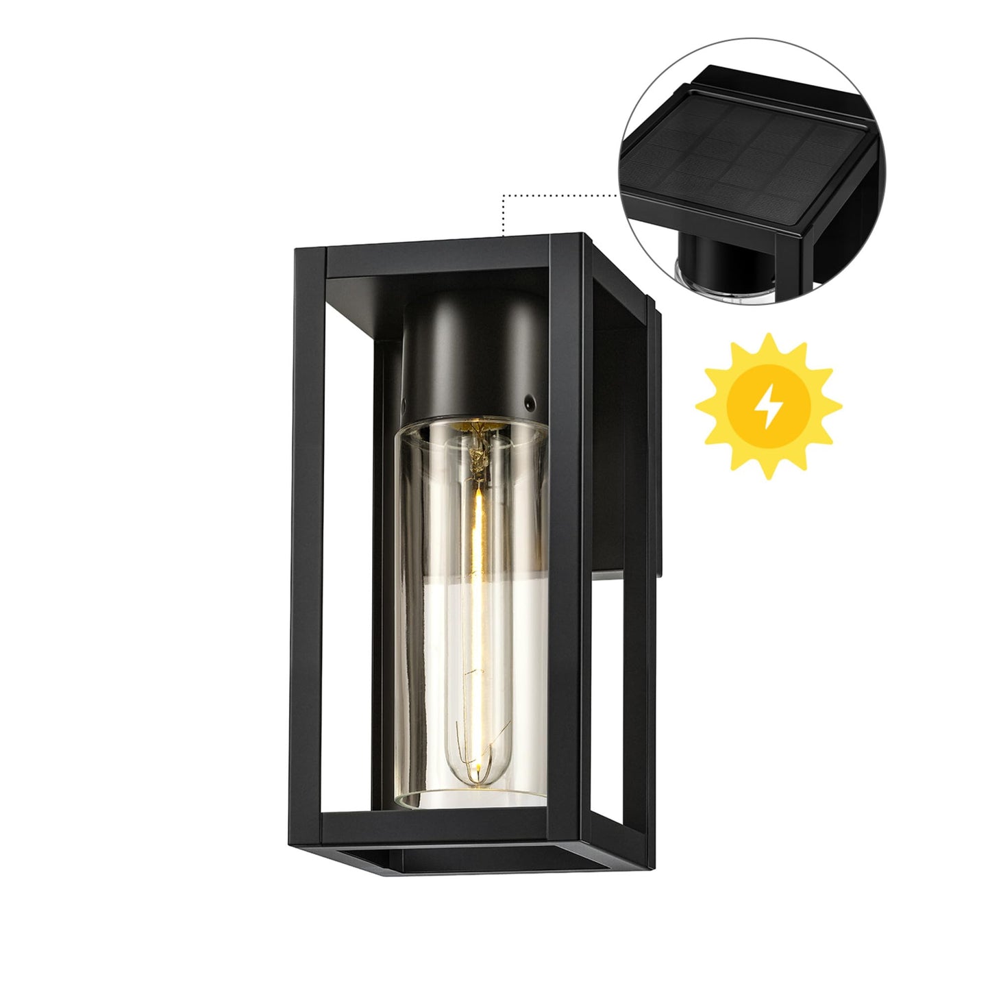 Globe Electric 60000167 1W LED Integrated Solar Powered Outdoor Wall Sconce, Matte Black, Integrated Solar Panel, Clear Glass Shade, 100 Lumens, 3000