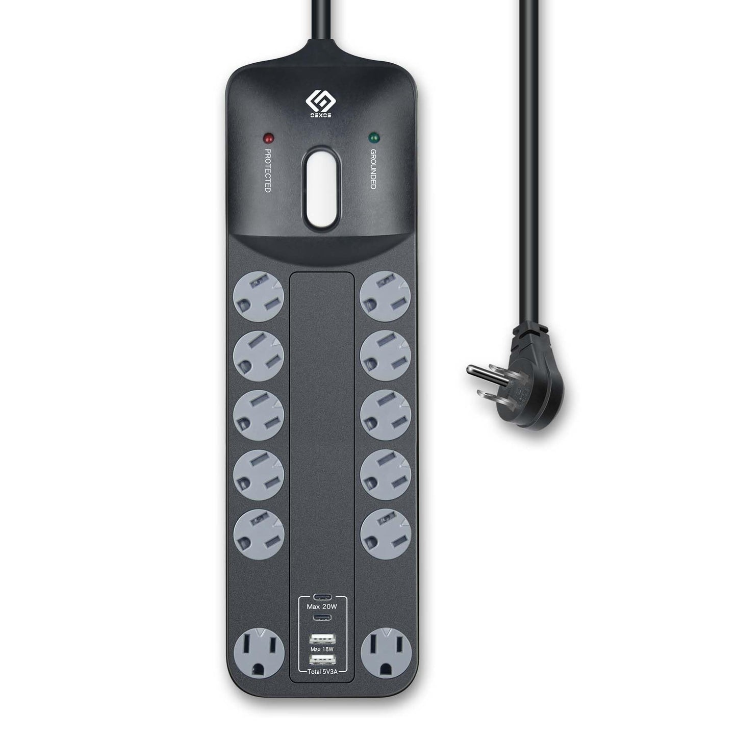 OSKOS PD20W USB-C Charger, 18W USB-A Fast Charging, Four Ports (2A2C), 12 outlets Power Strip with 6FT 14/3 Cord, 3540 Joules Surge Protected, 15A