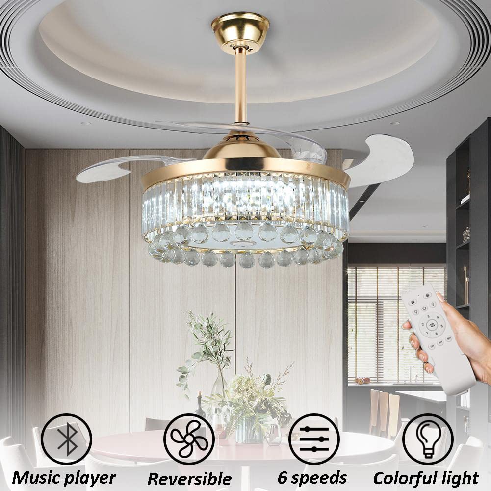 FANRYO 42’’ Modern Ceiling Fan with Lights Remote Control Reversible Blades, Fandelier with Bluetooth Speaker 7 Dimmable Color 6 Speed, Gold Crystal