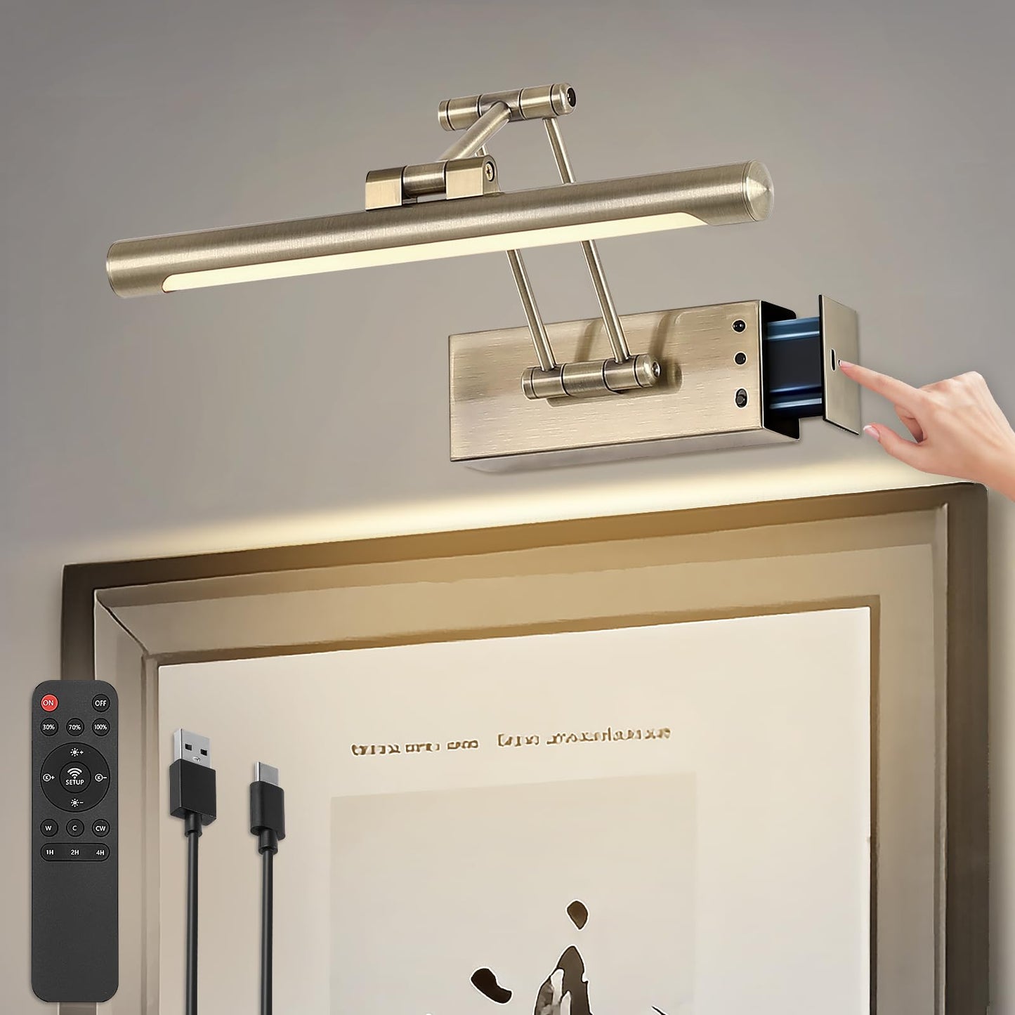 Joossnwell Battery Operated Picture Light for Painting, Wireless Art Lighting Antique Bronze Dimmable,Rechargeable Picture Frame Light for Wall