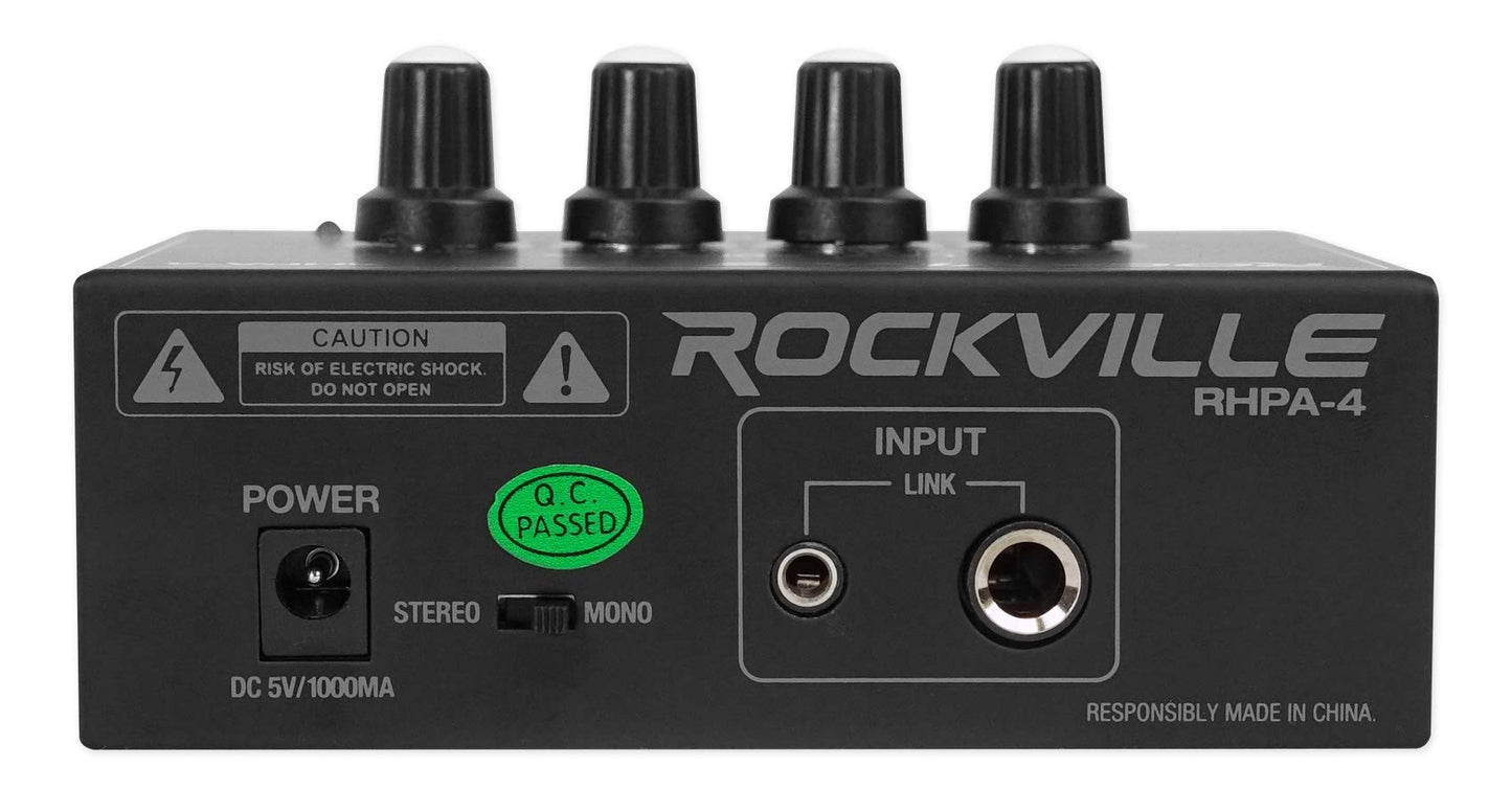 Rockville RHPA4 4-Channel Headphone Amplifier, Stereo/Mono Switch, Dual 1/4" and 3.5mm Outputs per Channel, USB Power, for Studio and Podcast