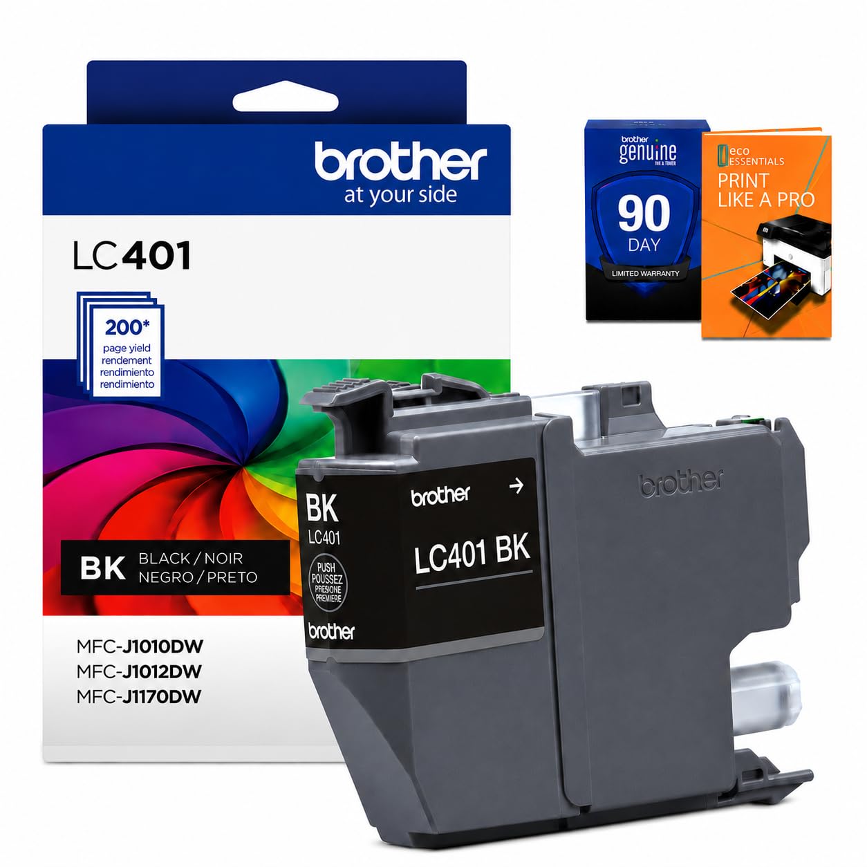 Brother Genuine LC401BK Black Standard Yield Ink Cartridge, Bundle with Deco Essentials Printer eBook for MFC-J1010DW, MFC-J1170DW