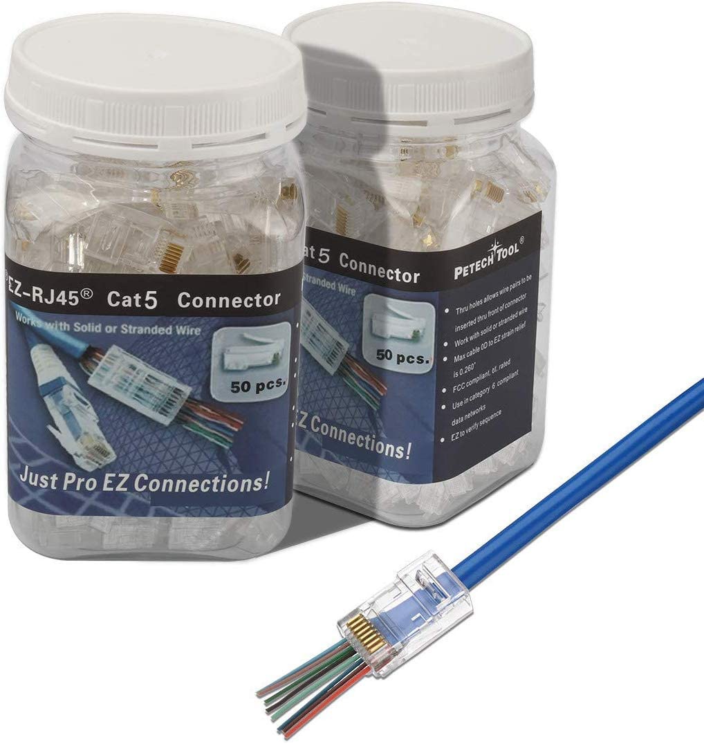 RJ45 CAT5 CAT5e Pass Through Connectors 50Pack End Ethernet 8P8C GoldPlated Modular Plug for Unshielded Twisted Pair Solid Wire Standard Cables