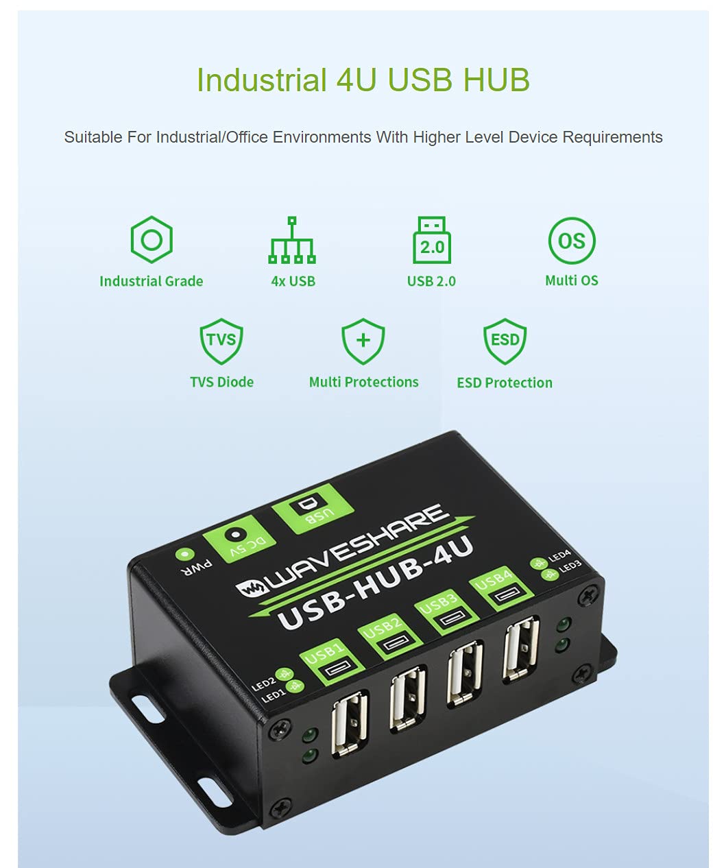 Industrial Grade USB HUB, with Metal Case, Extending 4X USB 2.0 Ports, ESD Protection, Support Multiple OS, Plug & Play