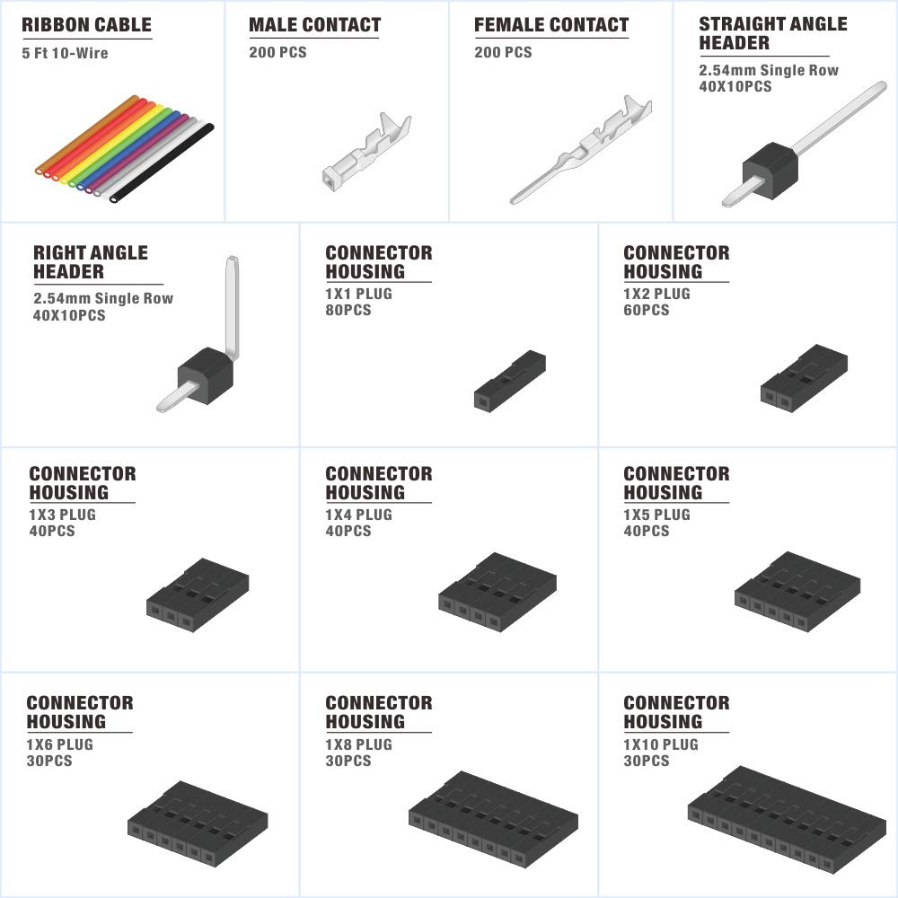 IWISS 1550PCS 2.54mm Pitch Dupont Connector Kit, Includes Pin Headers, Jumper Wire, Crimp Pins for RC Servo, Arduino, SMT, SATA, EPS, PCIe, Battery