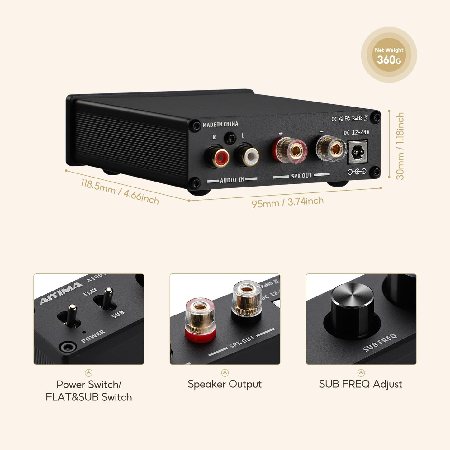 AIYIMA A1001 Subwoofer Amplifier Home Audio: 100W TPA3116 Mono Sub Amp HiFi Class D Amplifier | Full-Frequency & Sub Bass Switchable Mini Amplifier