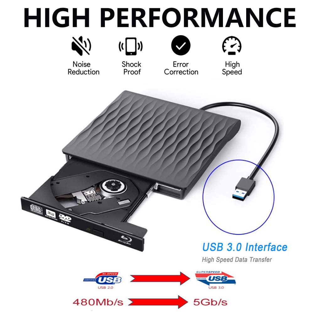 Xglysmyc USB3.0 External 3D Blu Ray DVD Drive,Super Slim Portable Blu Ray CD DVD Drive Burner Player CD/DVD+/-RW Writer Reader Compatible with Laptop