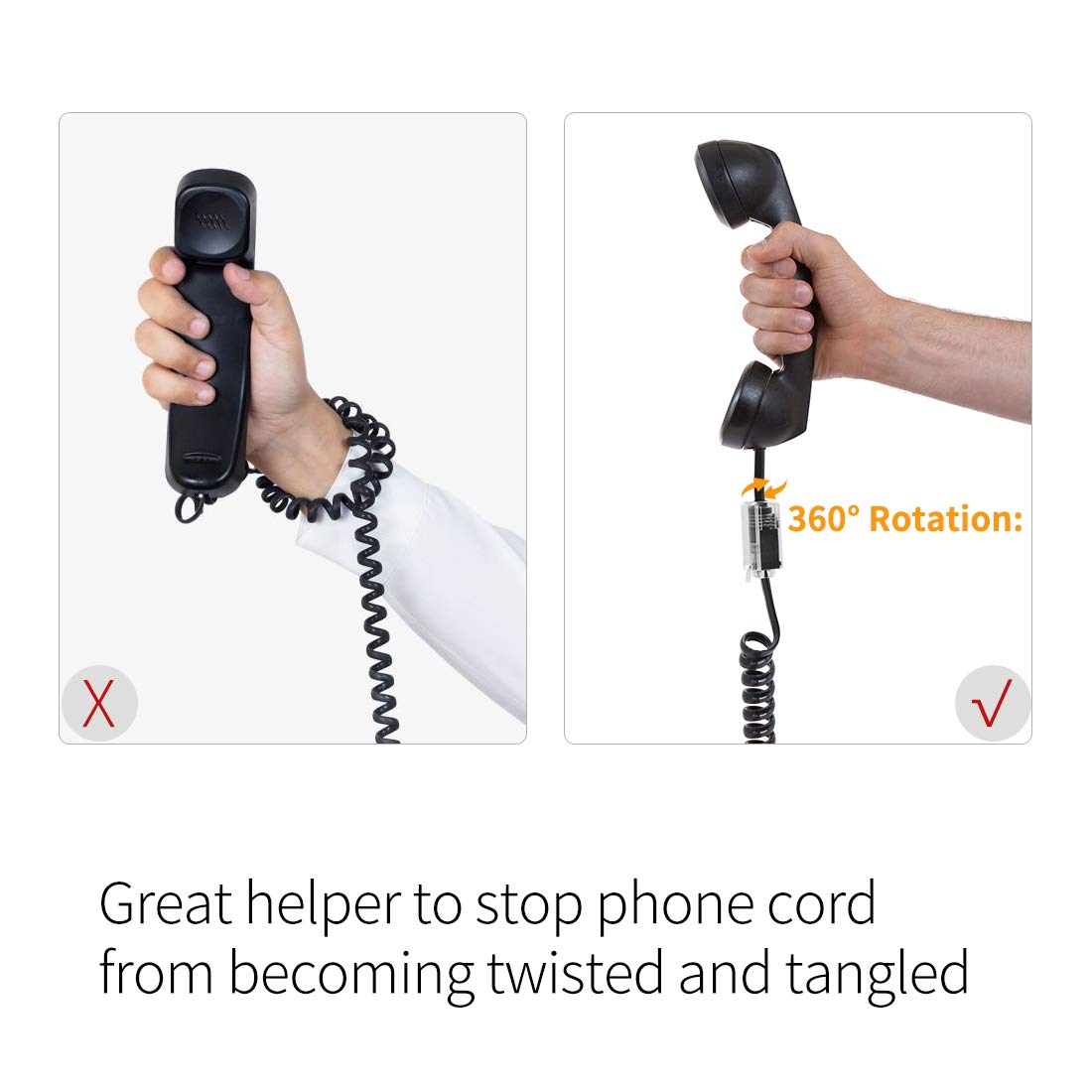 2 Pack RJ9 Telephone Cord Detangler Telephone Cord 360 Degree Rotating Swivel Cord 10Ft Uncoiled(1.2 Ft Coiled) Landline Phones Handset Curly Extended