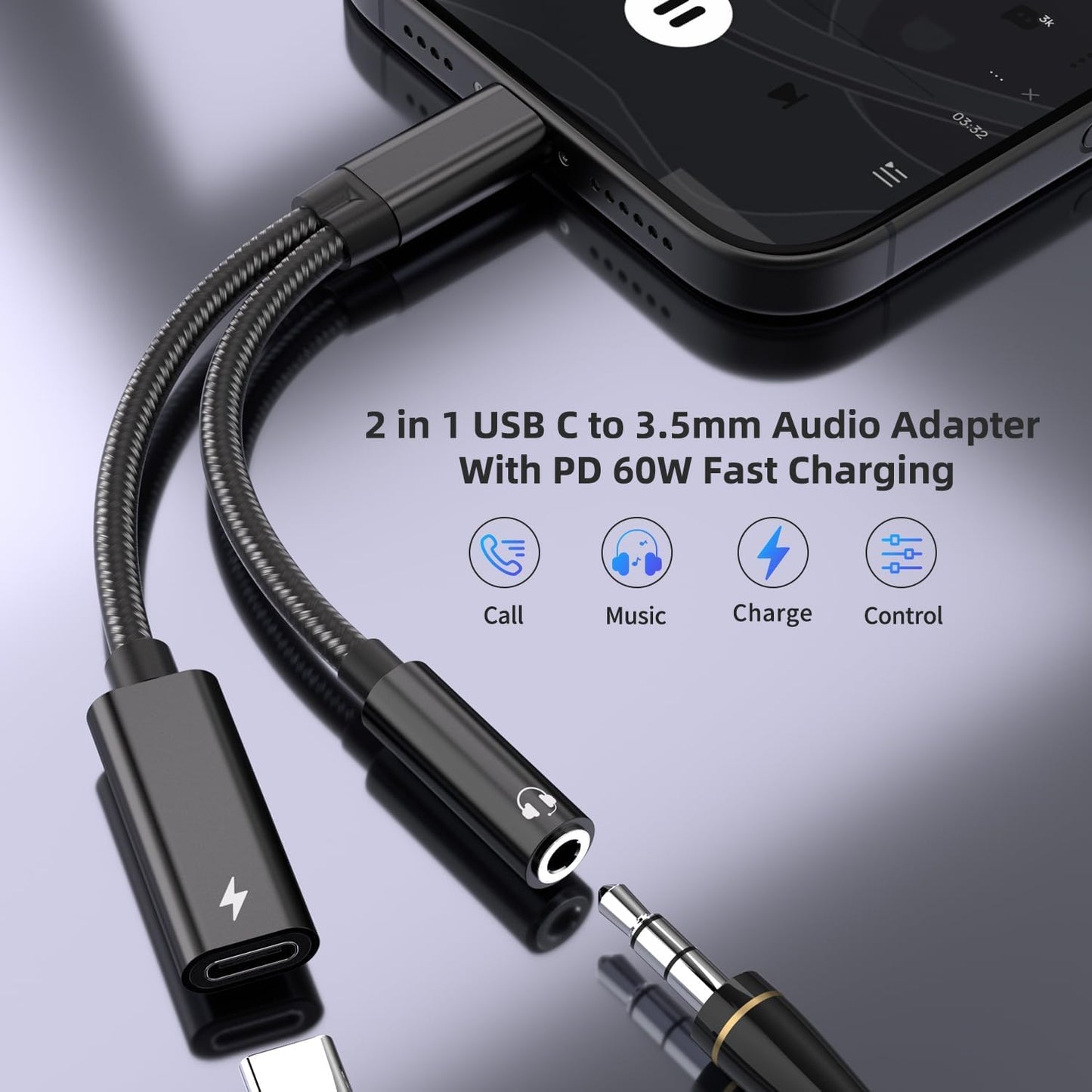 2 in 1 USB C to 3.5mm Headphone and Charger Adapter, USB C to AUX Mic Jack with PD 60W Fast Charging for Stereo, Earphones, Compatible with iPhone