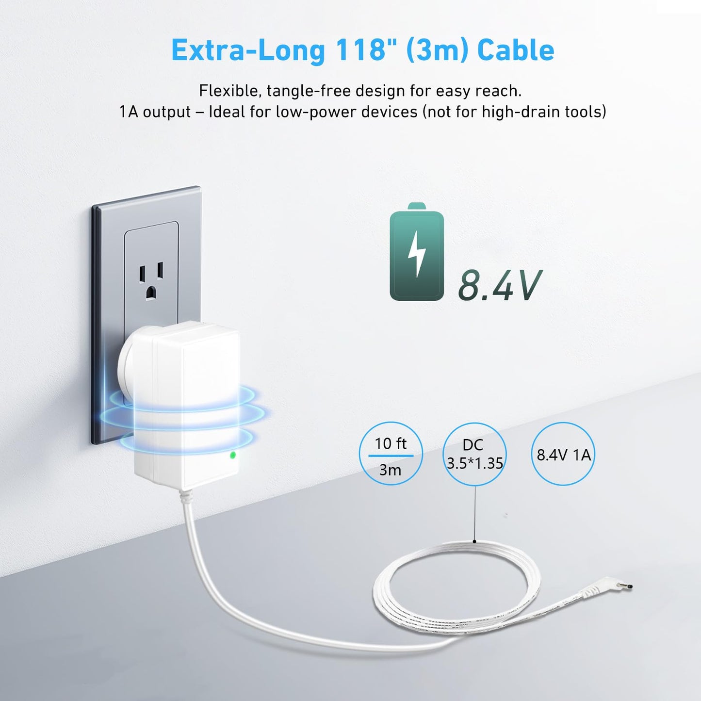 Rollerhouse 8.4V 1A Li-ion Battery Charger Power Adapter for 7.2V,7.4V 8.4V Device, with LED Indicator 3.5x1.35mm Male Plug Connector, L=118", White