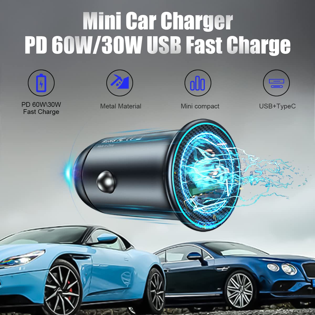 ANKUEE USB-C Car Charger Adapter, Dual Ports Fast Charging PD 60W + QC3.0 30W Mini All-Metal Cigarette Lighter USB Charger Universal for iPhone13/Pro