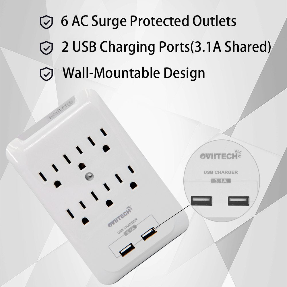 OviiTech Multi-Function Wall Mount Adapter, Surge Protector Charging Station, Dual 3.1AMP USB Charging Ports,6 AC Socket Outlet Plugs,White