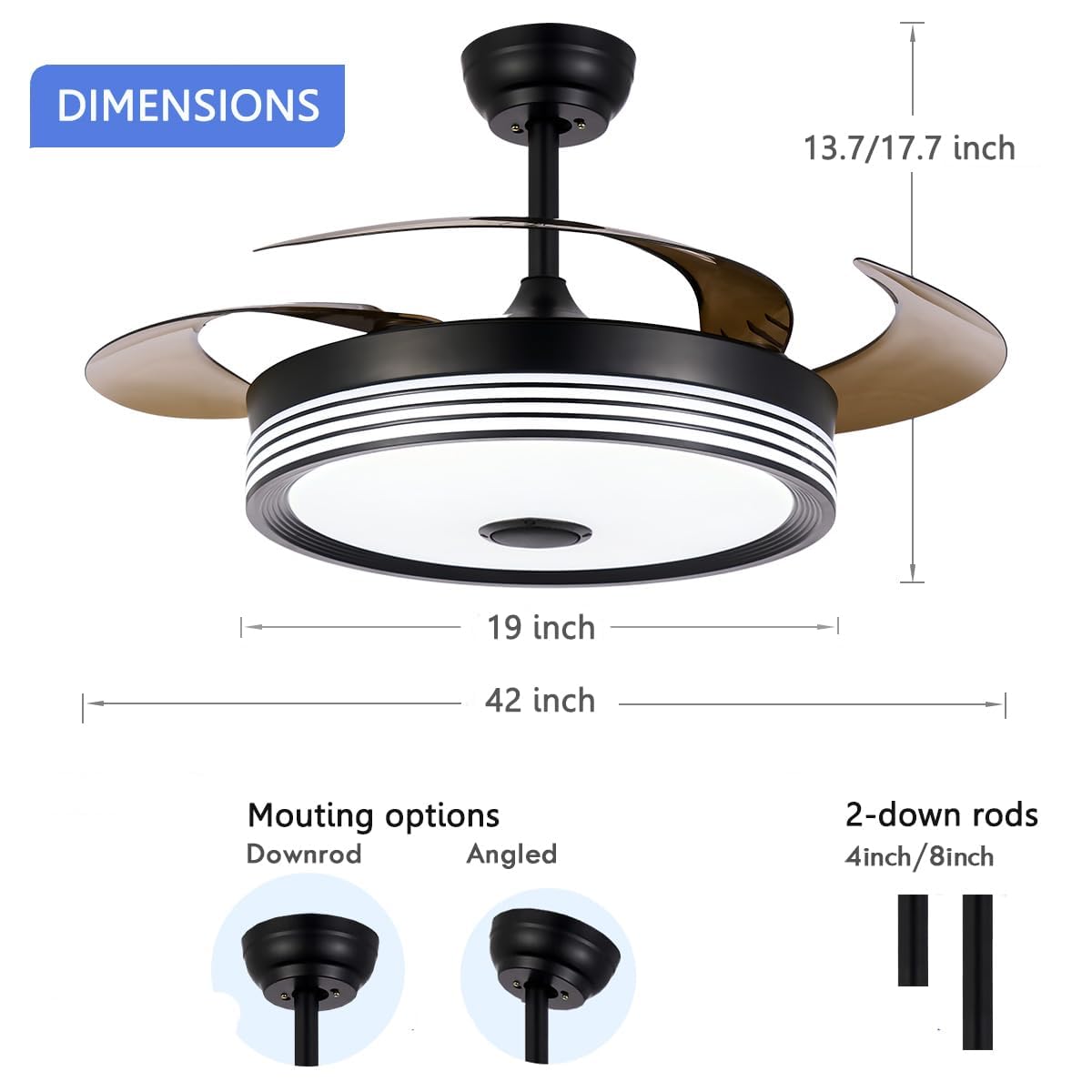 42 inch Modern Retractable Ceiling Fan with Lights and Remote Control, 6Speed Dimmable Fandelier, Smart Ceiling Fan Light with Bluetooth Speaker, RGB
