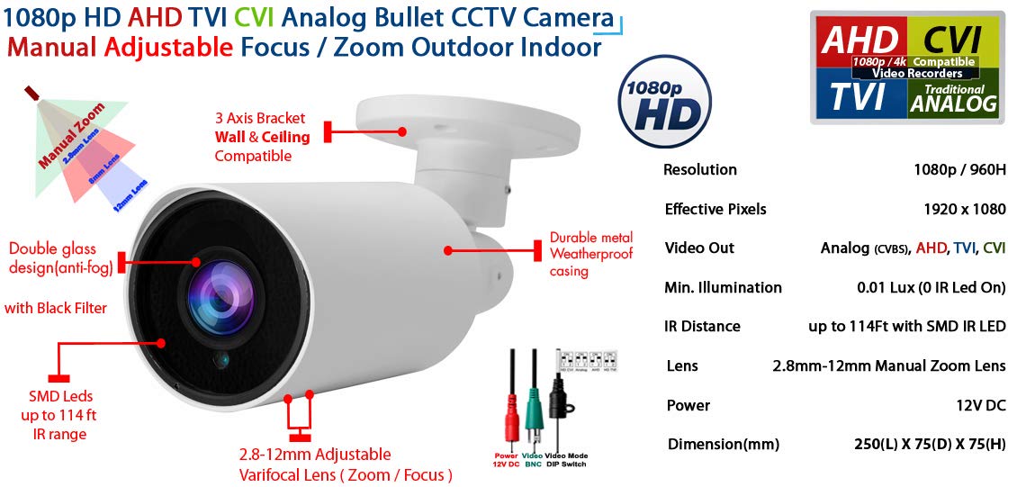 Evertech Upgraded 1080p Outdoor Night Vision CCTV Security Surveillance Bullet Camera 4in1 HD AHD TVI CVI Analog, Manual Zoom, Wall and Ceiling Mount