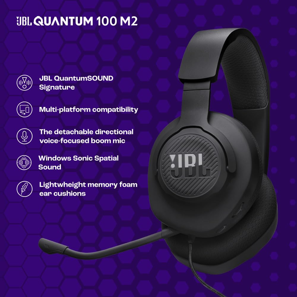 JBL Quantum 100M2 - Wired Over-Ear Gaming Headset with omnidirectional, Detachable mic with Mute Option and Fabric-Covered Memory Foam Ear Cushions…