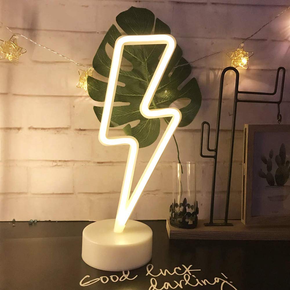 Warm White Lightning Neon Light Signs Lightning LED Lamps Lights Room Decor Battery/USB Operation Night Lights with Base Neon Light up Bar Bedroom