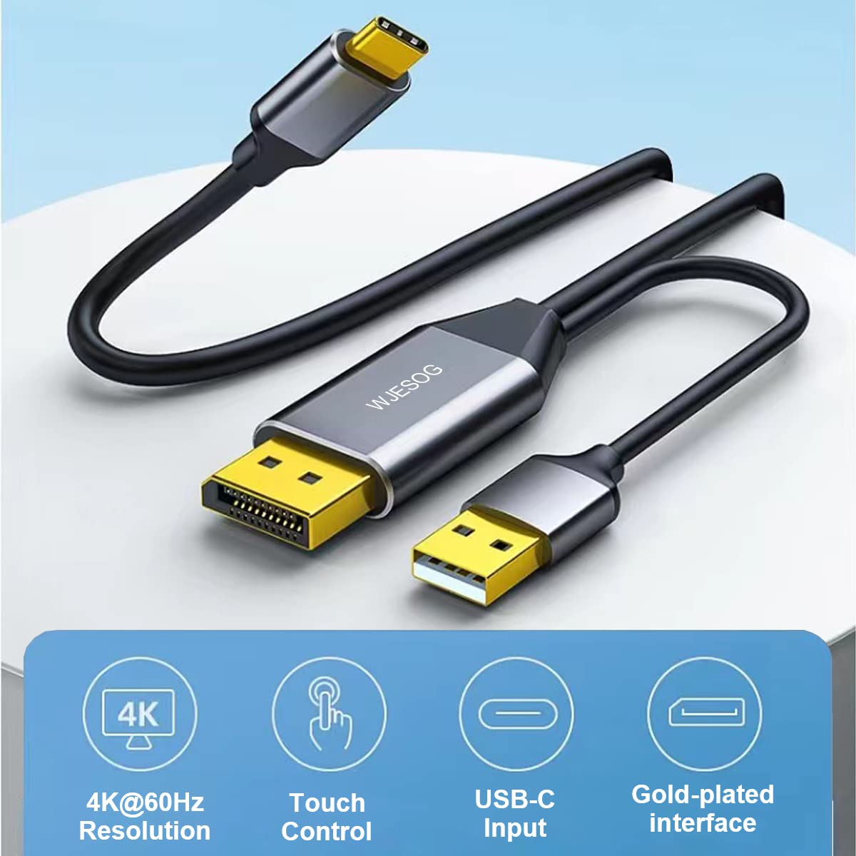 WJESOG DisplayPort to USB C Cable 6.6ft 4K@60Hz with USB Cable Adapter,DP Male to Type-C Male Converter Support Touch with Nreal Air VR, MacBook
