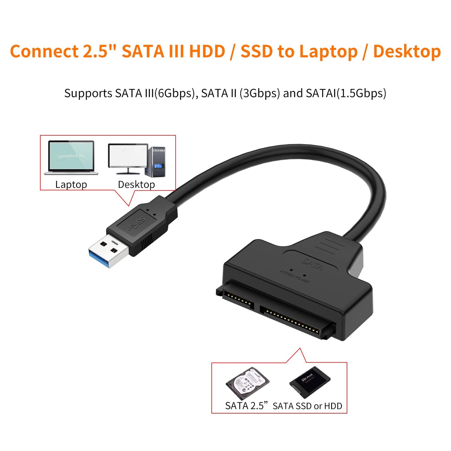 Cinolink SATA to USB Cable -USB 3.0 to 2.5” SATA III Hard Drive Adapter - External Converter for SSD/HDD Data Transfer