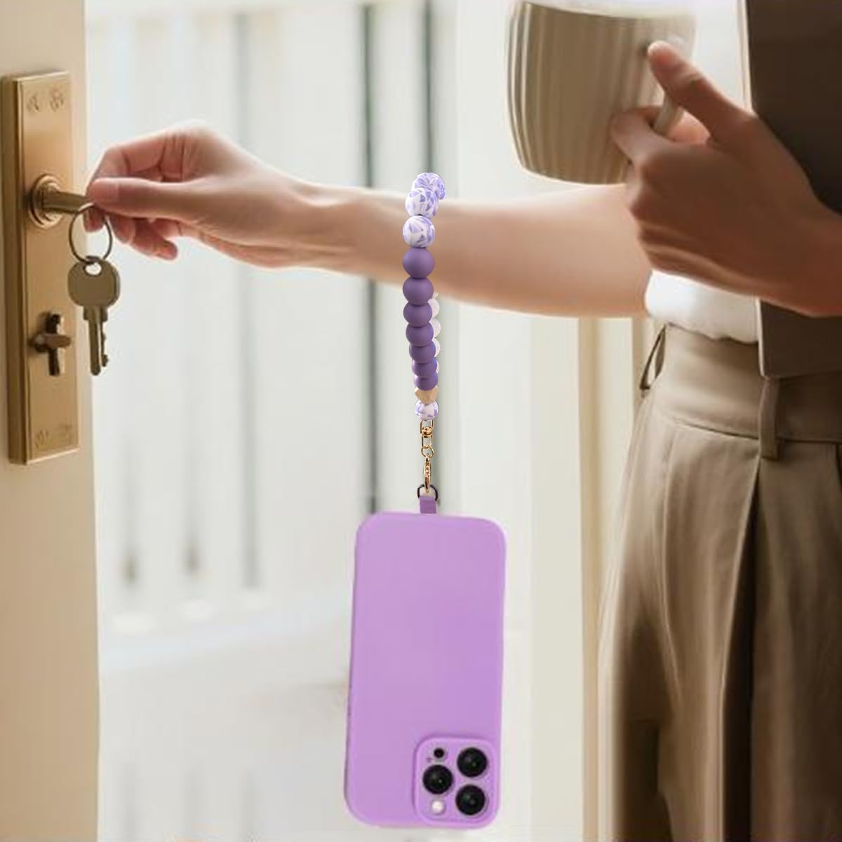 VICHUNHO Marble Silicone Beaded Phone Wrist Strap, Cellphone Lanyard with Tether Tab, Elastic Hands-Free Wristlet Bracelet