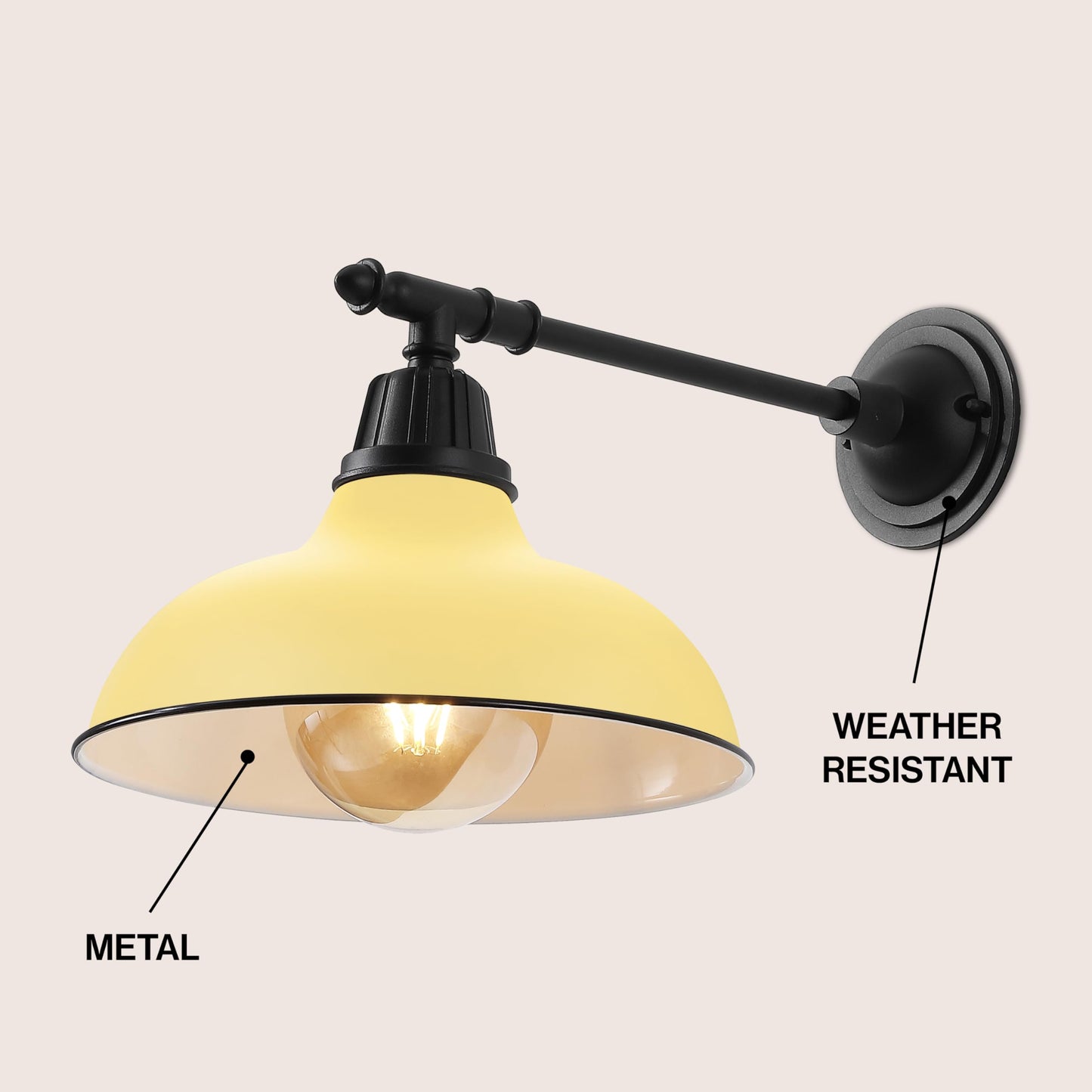 JONATHAN Y 12.25" Matte Yellow/Black 1-Light Industrial Farmhouse Outdoor Sconce, Iron Wall Light with LED Bulb, Metal Bowl Shade, Vintage Porch Lamp
