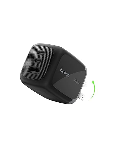 Belkin 3-Port USB C Charger Block 70W, Multi-Port GaN Wall Charger w/ 2X USB C Ports & 1x USB A Port, Fast Charging for MacBook, iPhone 17, iPad Pro
