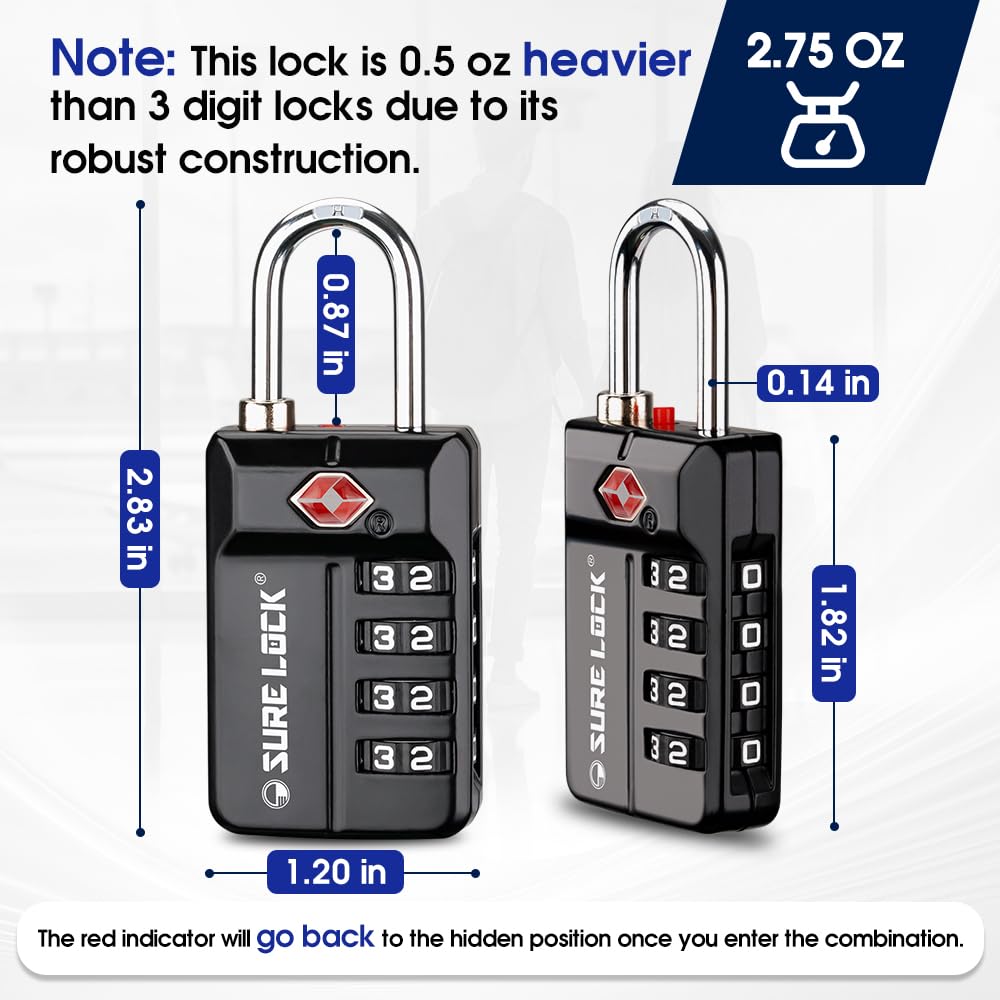 SURE LOCK TSA Approved Luggage Locks 2 Pack – 4-Digit Resettable Combination with Open Alert, Easy-Read Dials for Suitcases, Lockers & Gym (Black)