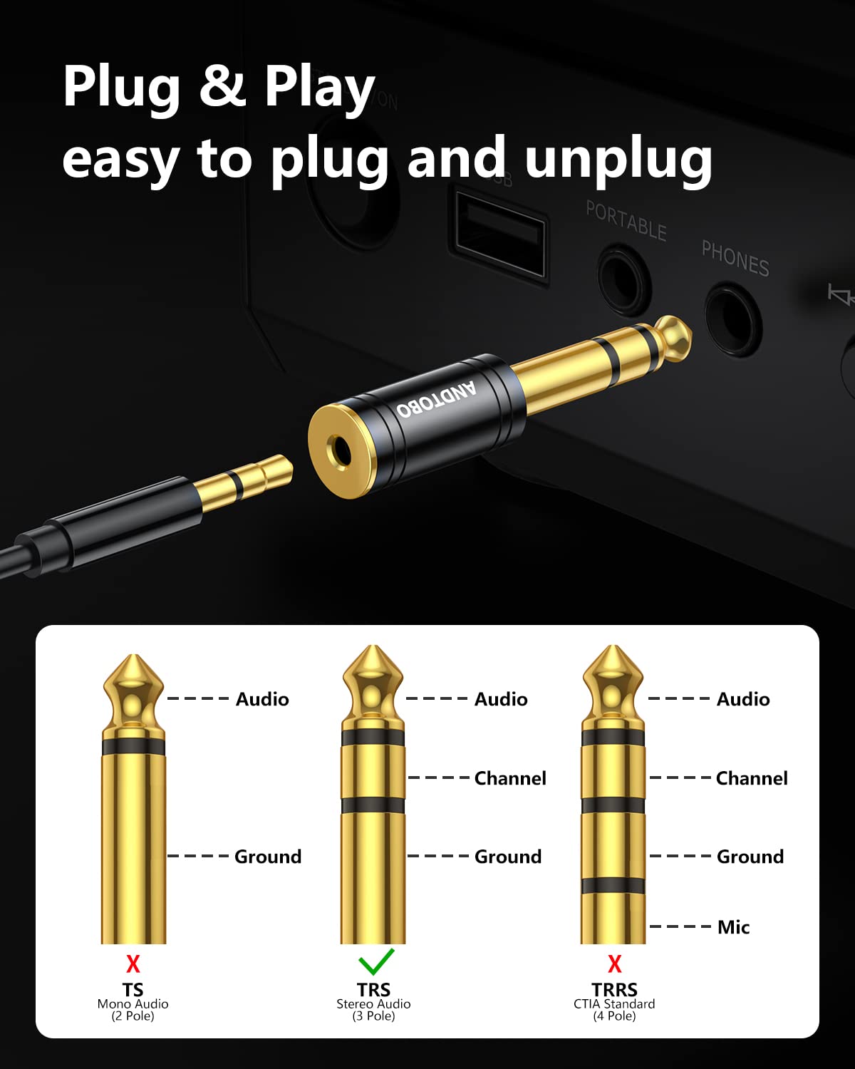 ANDTOBO 1/4''(6.35mm) Male to 1/8'' (3.5mm) Female Stereo Audio Jack Pure Copper Adapter for Headphone, Amp, 1 Pack-Black