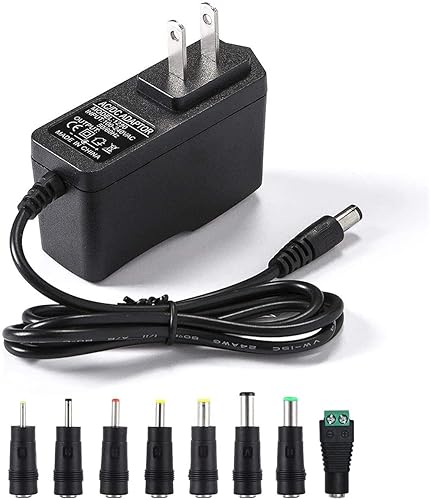 12V 2A Power Supply AC Adapter Replacement with 8 Tips, Regulated 12 Volts 2000mA Cord Charger for LED Strip Light, CCTV Camera, GPS, Webcam, Router…