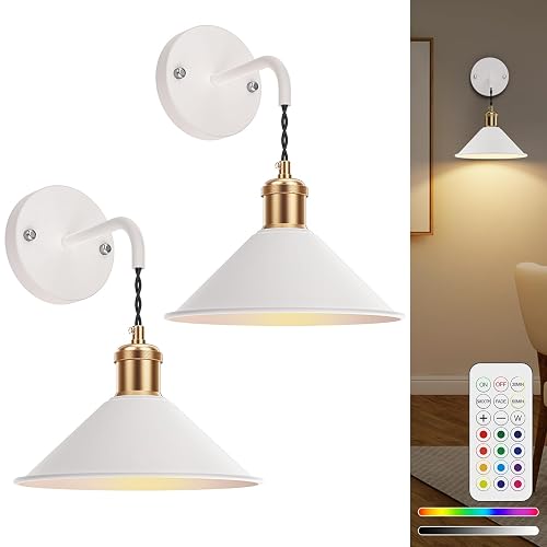 Eclipterra Battery Operated Wall Sconce Set of 2, Dimmable Wireless RGB Wall Sconce Decor with Remote Indoor Cordless Wall Lamp Lighting for Bedroom