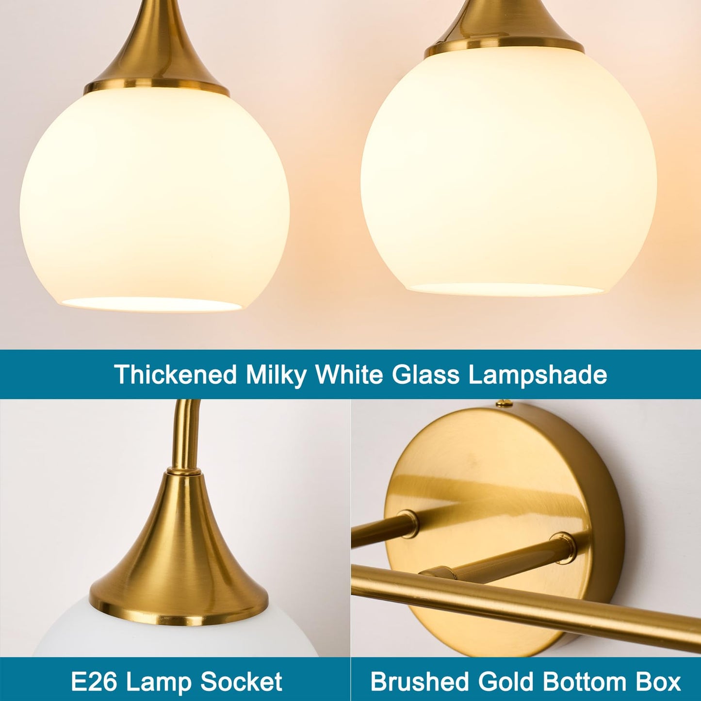 ZHUOER Gold Bathroom Light Fixtures 2-Lights Vanity Lights with Milk White Glass Shade Vanity Lights for Bathroom Modern Bathroom Wall Sconce(Exclude