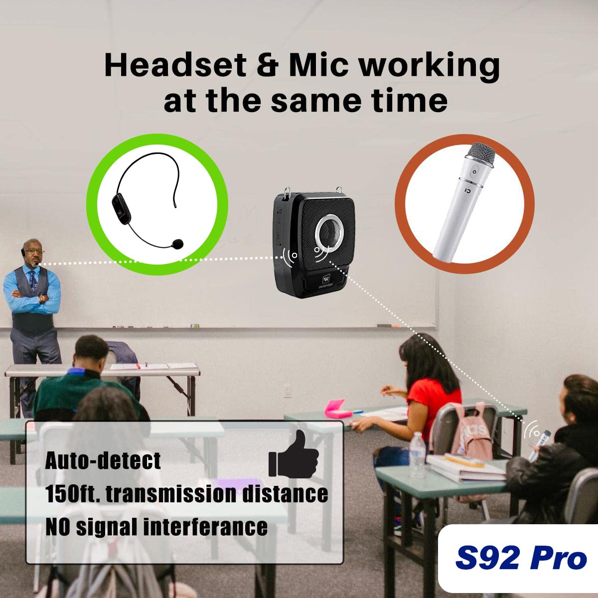 W WINBRIDGE S92 Pro Portable PA System -25W Bluetooth Speaker with Dual Wireless Microphones, Wireless Voice Amplifier with Headset Mic and Handheld