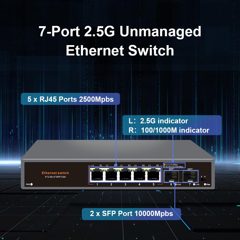 Davuaz 2.5G Unmanaged Ethernet Switch, 5 x 2.5G Base-T Ports, 2 x 10G SFP+ Uplink Ports, 100/1000/2500Mbps Compatible, Fanless Plug & Play, Metal