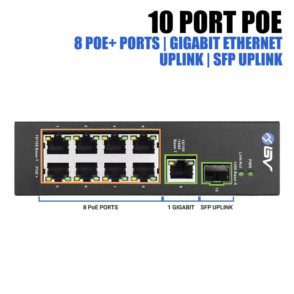 BV-Tech 8 Port PoE Switch with 1 Gigabit Uplink and Industrial DIN Rail - Power Over Ethernet Network Switch for IP Cameras, VoIP Phones, Wireless APs