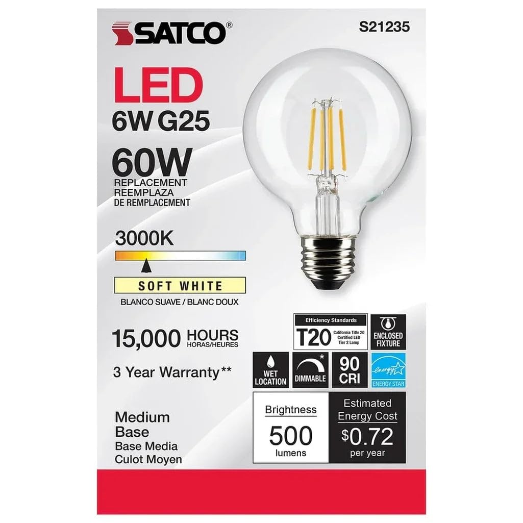 Satco 6-Watt LED Filament G25 Globe Light Bulbs, 3000K Soft White, 500 Lumen, E26 Medium Base, Dimmable, Wet Location, 6 Pack