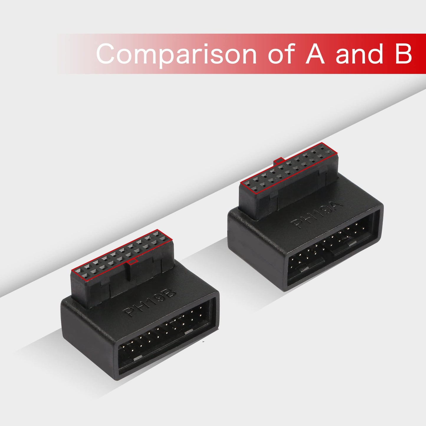 QIANRENON USB 3.0 19/20 Pin 90 Degree Adapter Male to Female L Turn Right Angle Socket for Desktop Motherboard Internal Connector Down Angled(PH19B)