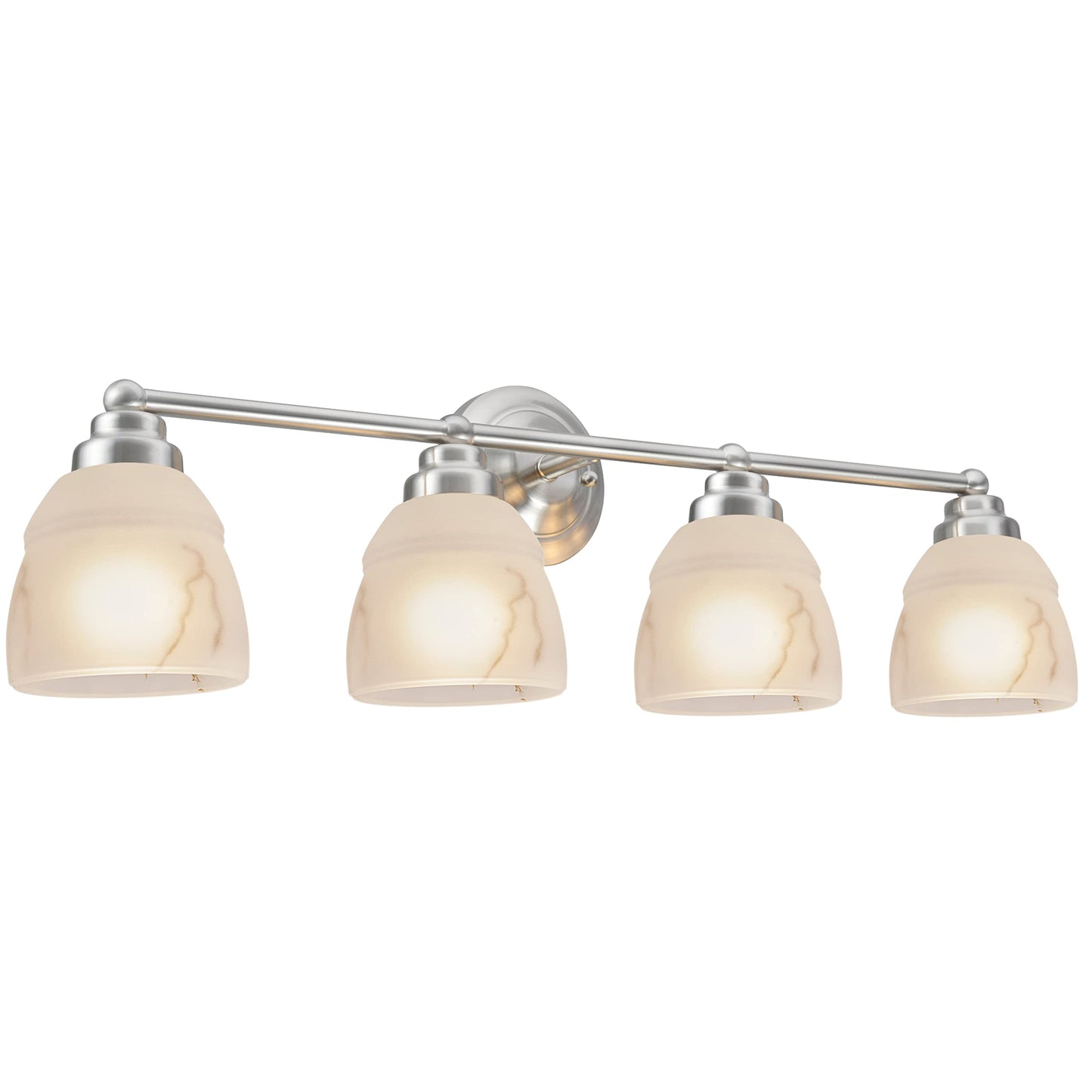 Aspen Creative Satin Nickel 62193-1, Four Metal Bathroom Vanity Wall Light Fixture, 4 3/4" Wide, Transitional Design Faux Alabaster Glass Shade