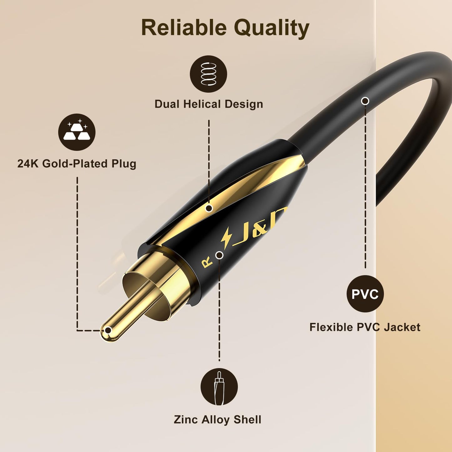 J&D Audiophiles RCA Cable, 24 AWG 2RCA Male to Male Stereo Interconnect Audio Cord, Gold-Plated Subwoofer Cable for Home Theater, HDTV, Amplifiers