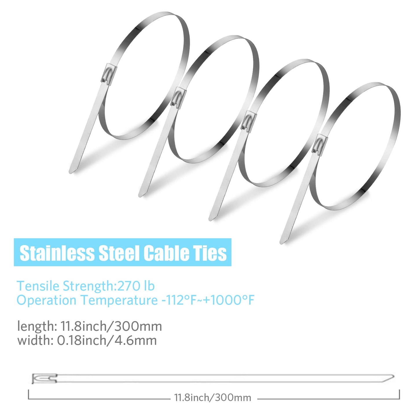 100PCS 11.8Inch Metal Cable Zip Ties - 304 stainless steel Heavy Duty Self-locking Cable Wire Tie Wrap for Fence Exhaust Wrapping Car Outdoor Canopy