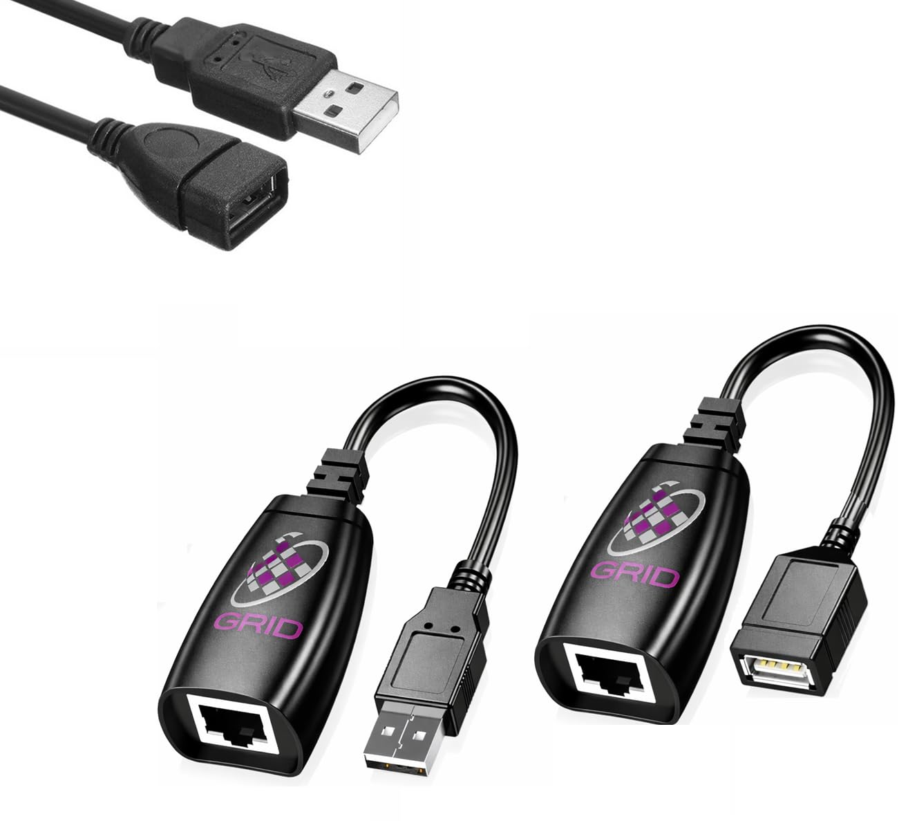 POE-Jack Grid Networking USB Extender Over Network Cable (Cat6a, Cat6, Cat5e, Cat5) up to 150ft. RJ45, Male USB, Female USB Connections. GR-USBEXT