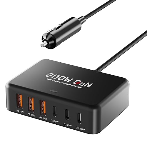 Fepprry USB C Car Charger, 200W GaN 6-Port USB C Car Charger for MacBook Pro/Air, Dell/Lenovo Laptop, PD3.0/PPS for iPhone 17/16/15 Series, iPad