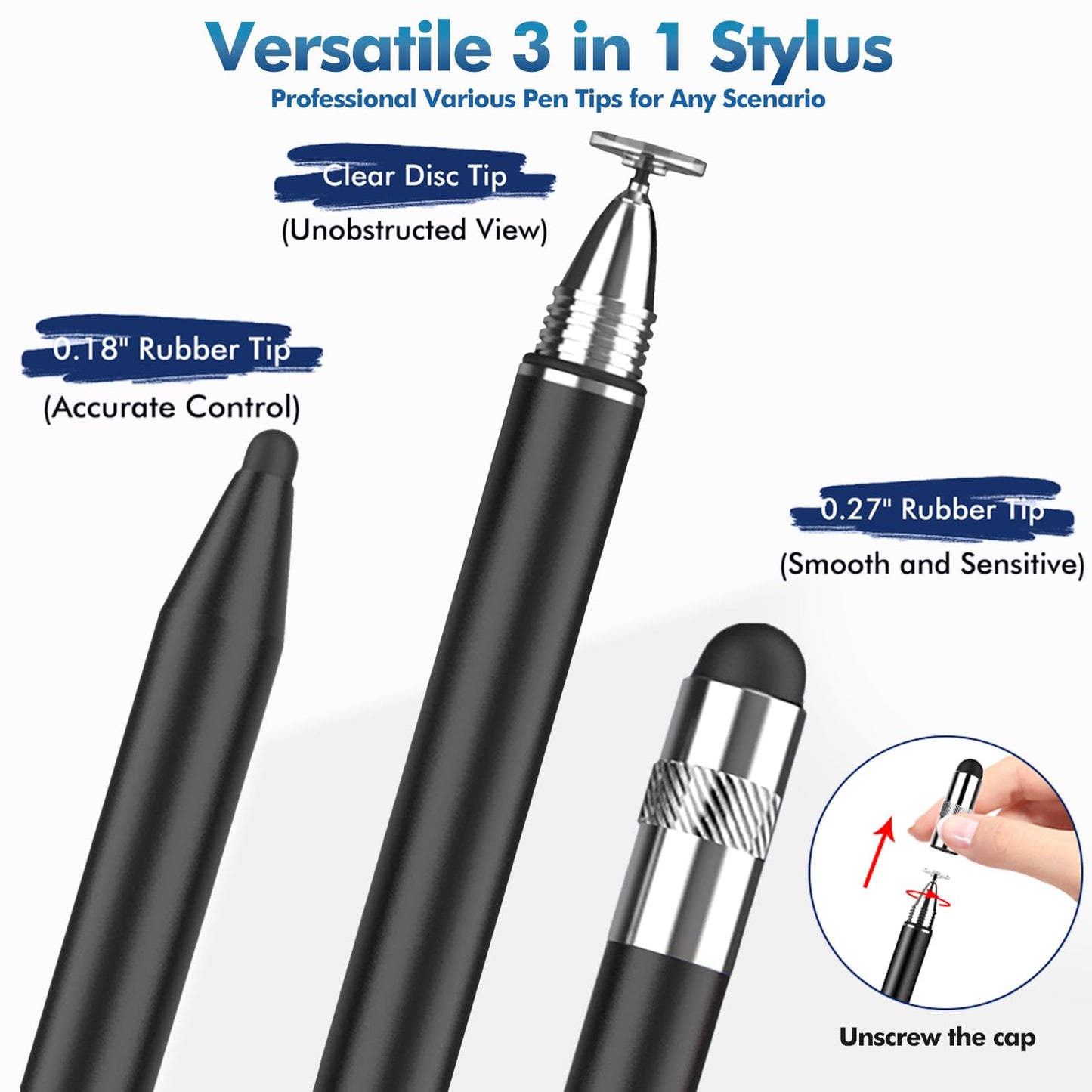 Stylus Pen for Touchscreen, 3-in-1 Rubber Disc Stylus, High Sensitivity and Precision, Universal Stylus Pen Compatible for Ipad,iPhone Android Kindle