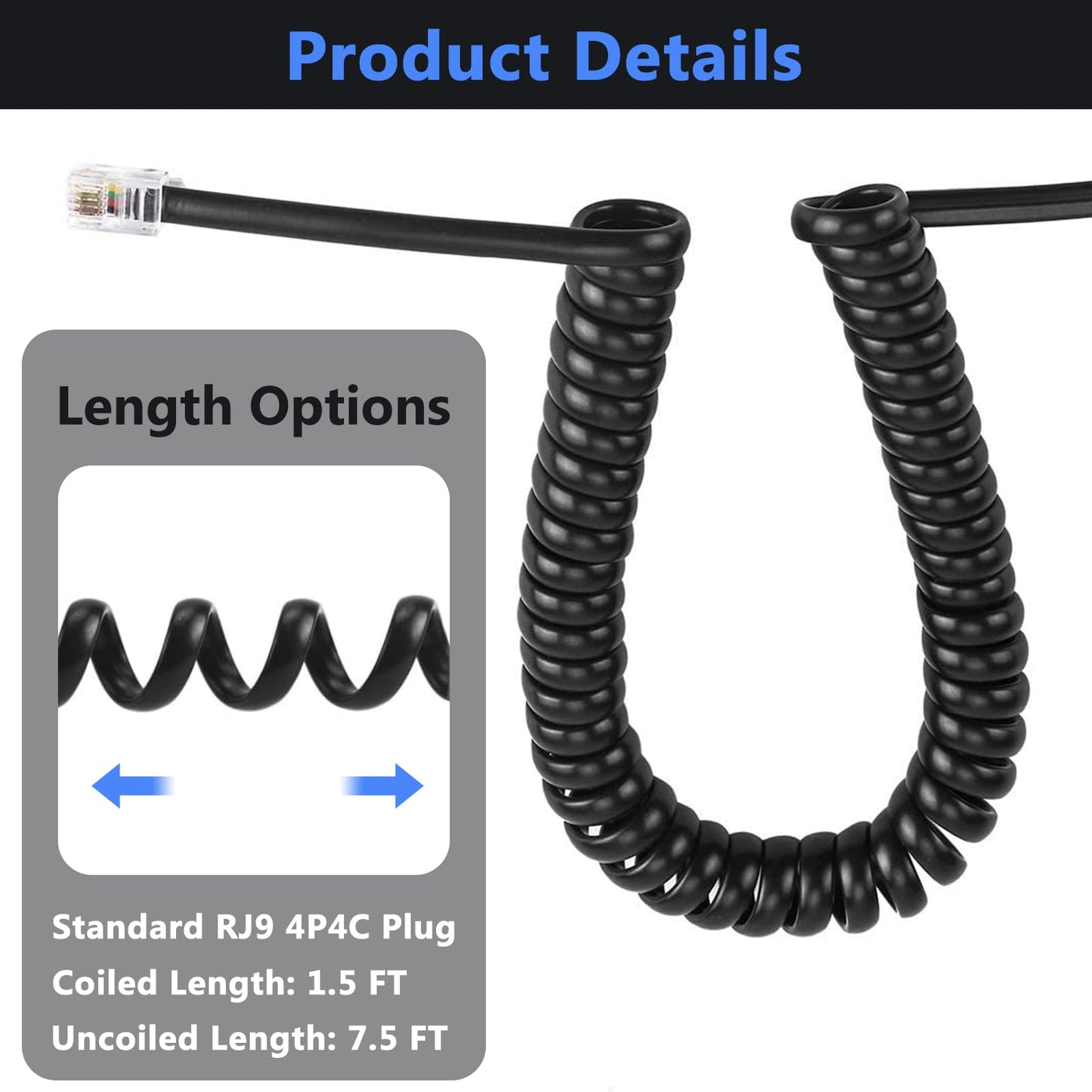 KINXIYU Telephone Handset Cord Detangler 2 Sets, 2 Pack Landline Handset Cord Cable (7.5Ft Uncoiled, 1.5 Ft Coiled) and 2 Pack Anti-Tangle Telephone