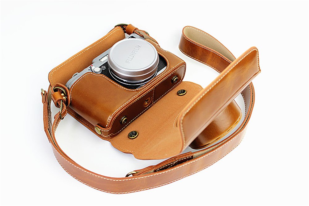 X100 Case, BolinUS Handmade PU Leather Fullbody Camera Case Bag Cover for Fujifilm Fuji X100 X100S X100T Bottom Opening Version + Neck Strap -Brown
