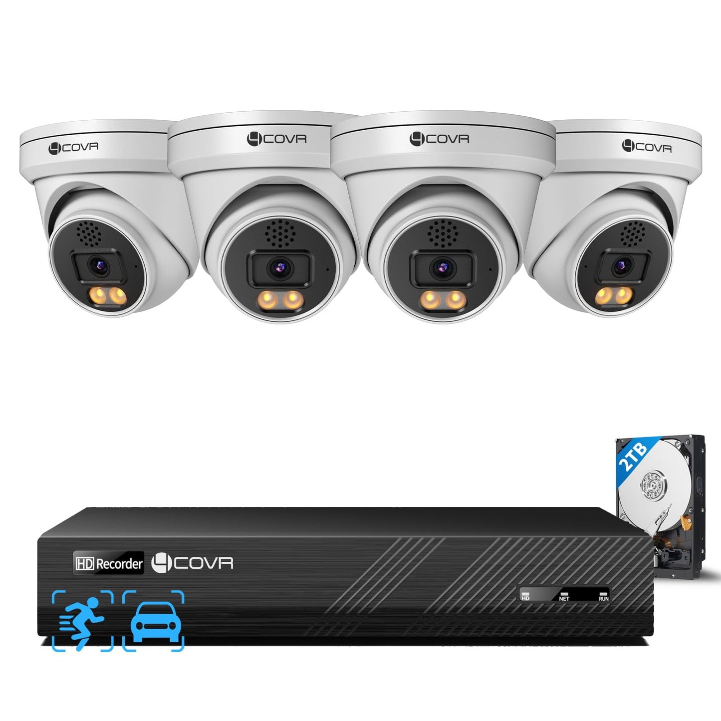 4COVR 12MP Security Camera System, 2-Way Audio, Person Vehicle Detection & Smart Dual Light Color Night Vision, 4X 12MP Dome PoE IP Camera IP67